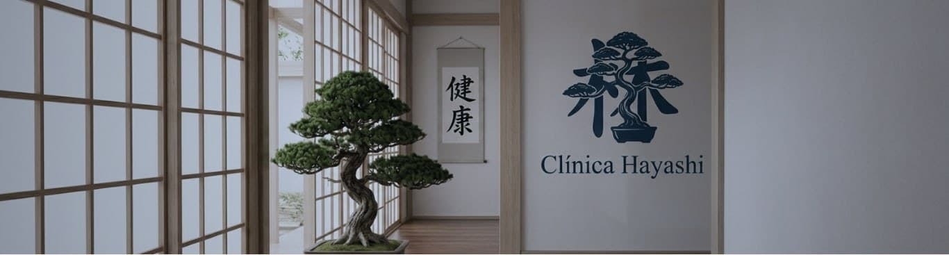 Recepção da Clínica Hayashi: bonsai diante de portas shoji, com o selo da clínica na parede